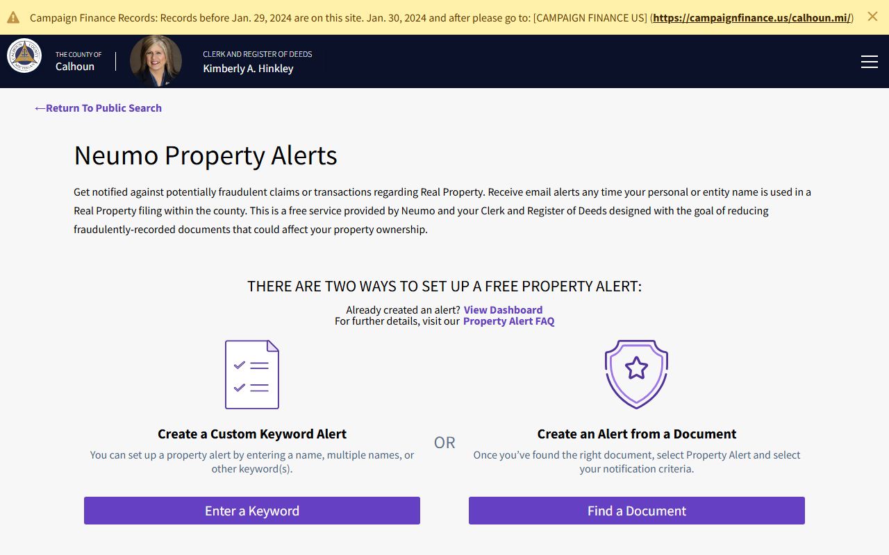 Calhoun County Clerk of Court property alert registration for recorded documents