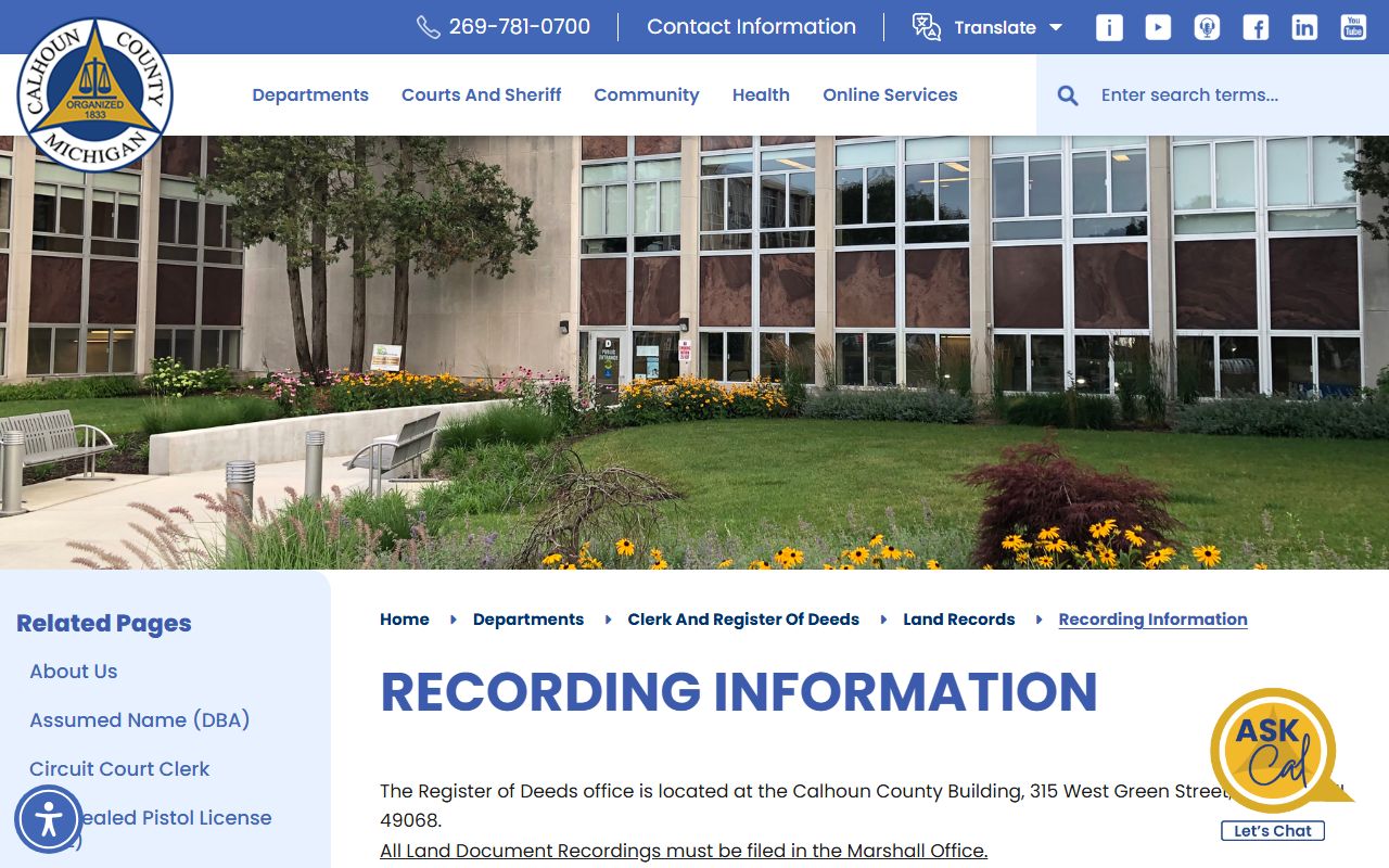 Calhoun County Clerk of Court register of deeds recording fee schedule