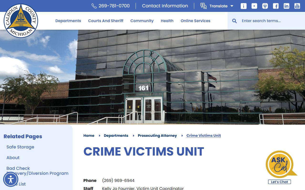 Calhoun County arrest charge records and the prosecutor crime victims unit restitution page