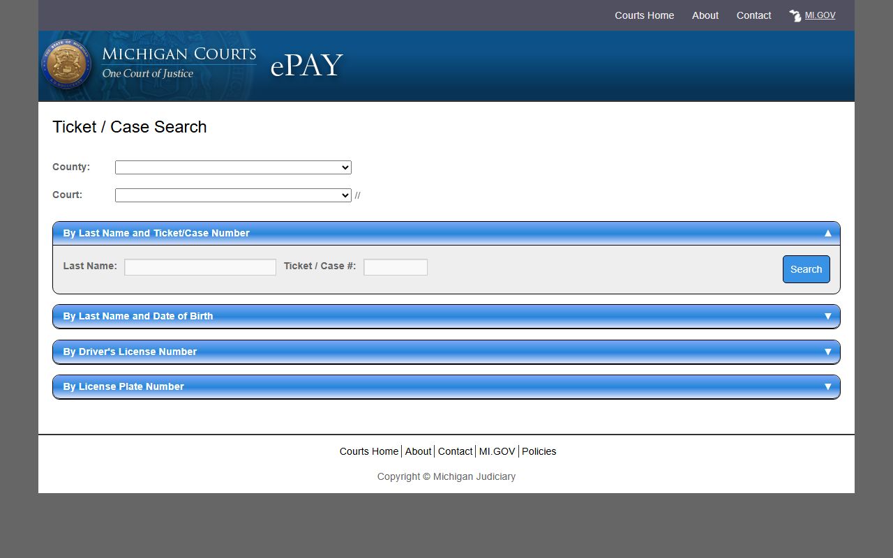 Calhoun County arrest and charge records lookup on the Michigan ePAY ticket search