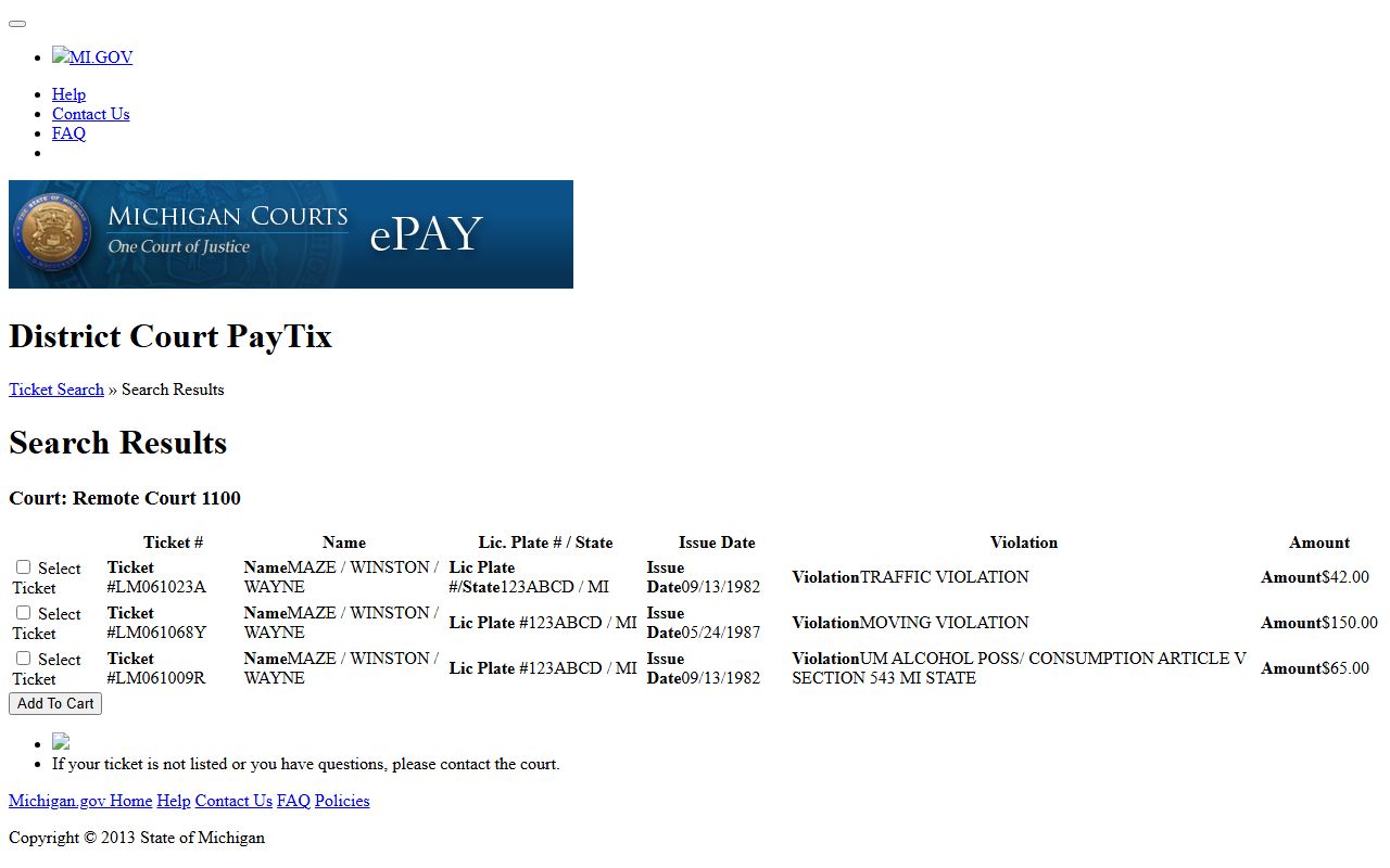 Calhoun County arrest charge records shown in Michigan ePAY search results with violation and amount