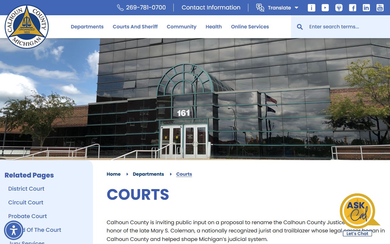 Calhoun County court records offices listed on the county courts landing page