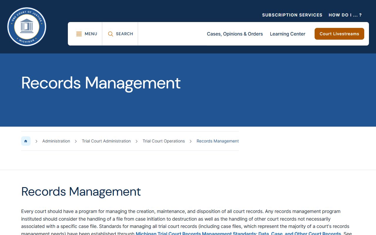 Calhoun County court records public access guidance on the Michigan records-management page