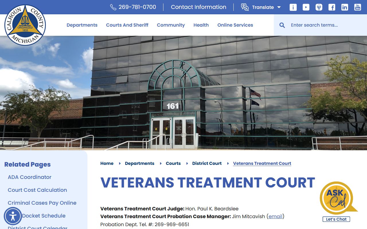Calhoun County Veterans Treatment Court program page on the district court site