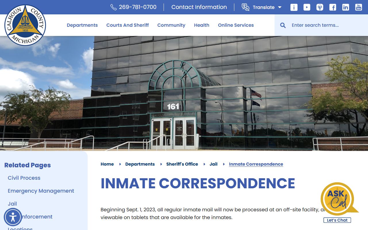 Calhoun County jail inmate mail and legal mail correspondence rules