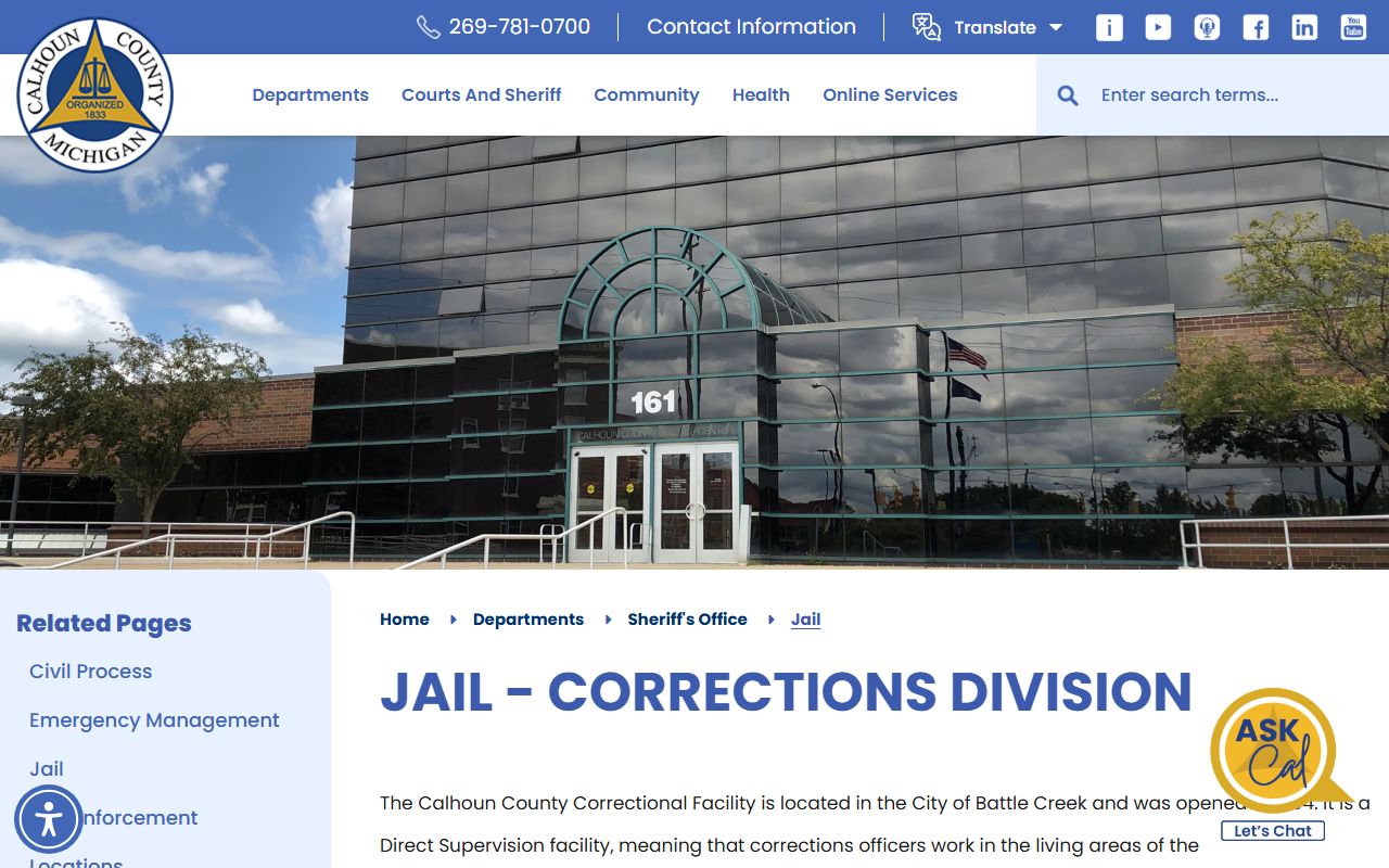 Calhoun County jail capacity and inmate services overview