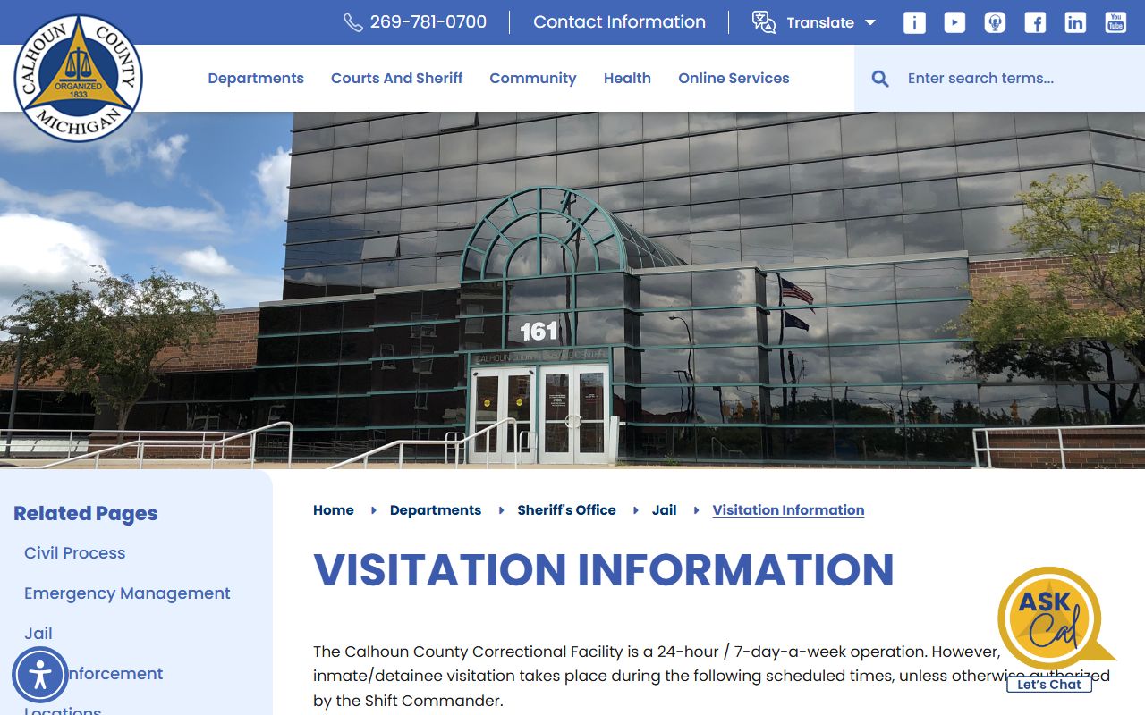 Calhoun County jail inmate visitation schedule and video visit rules