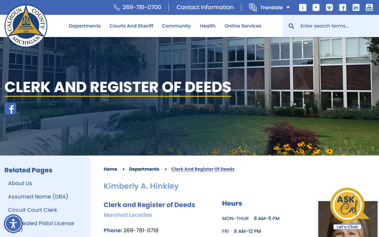 Calhoun County Clerk and Register of Deeds office for marriage and divorce records