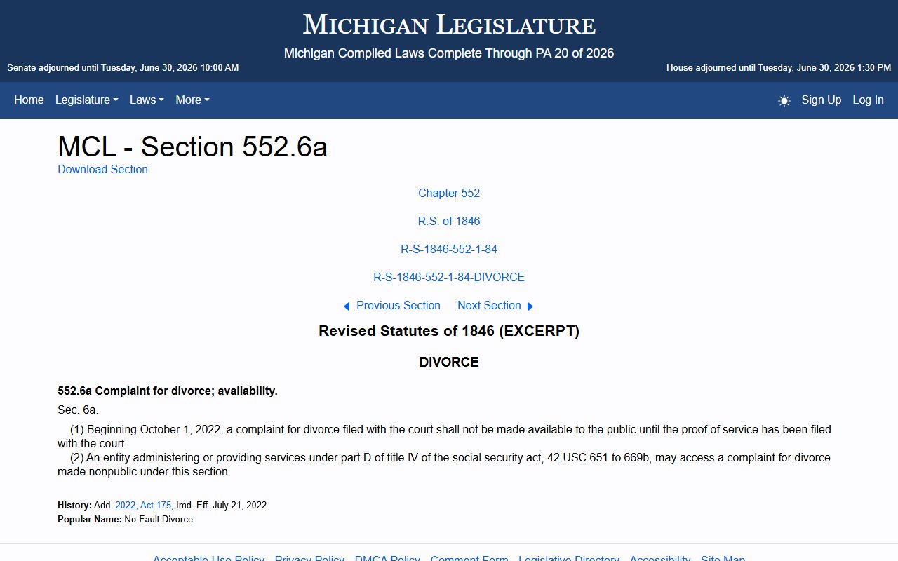Calhoun County divorce complaint access restriction statute