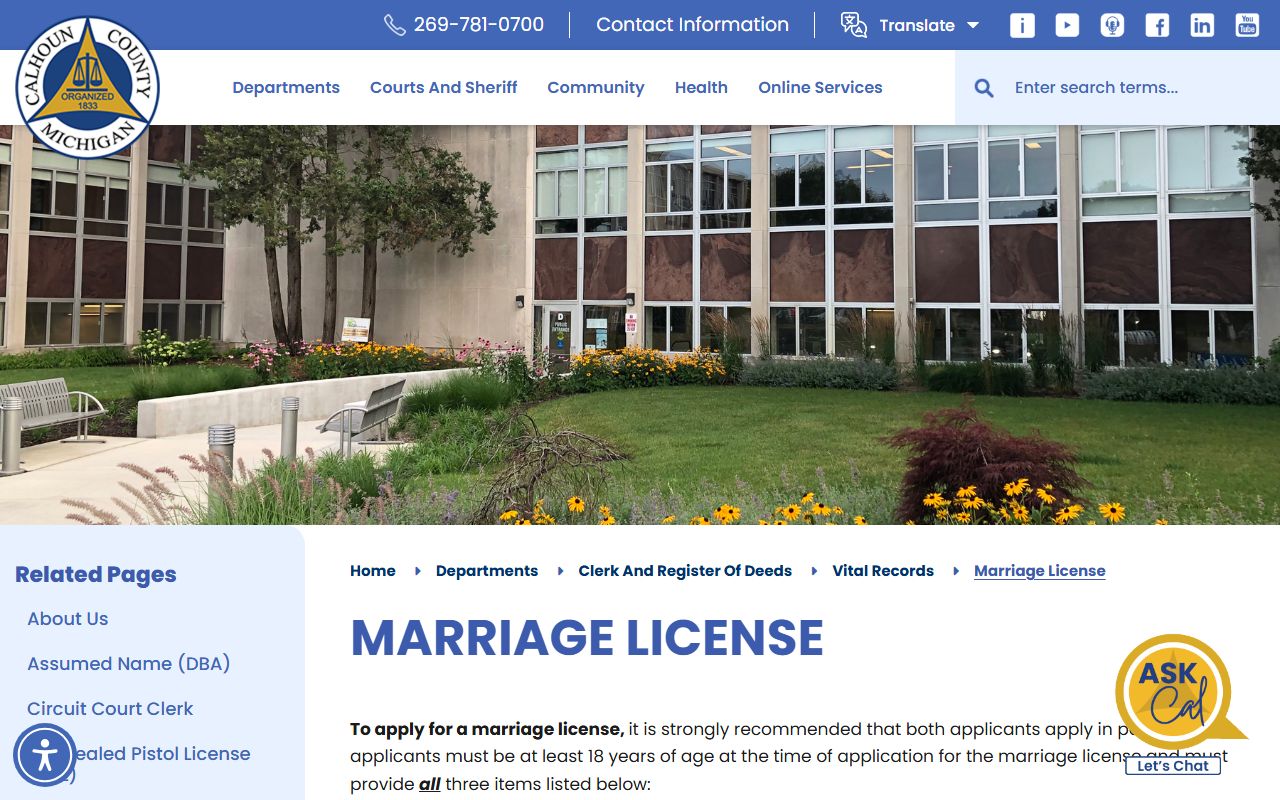 Calhoun County marriage license requirements and fee information