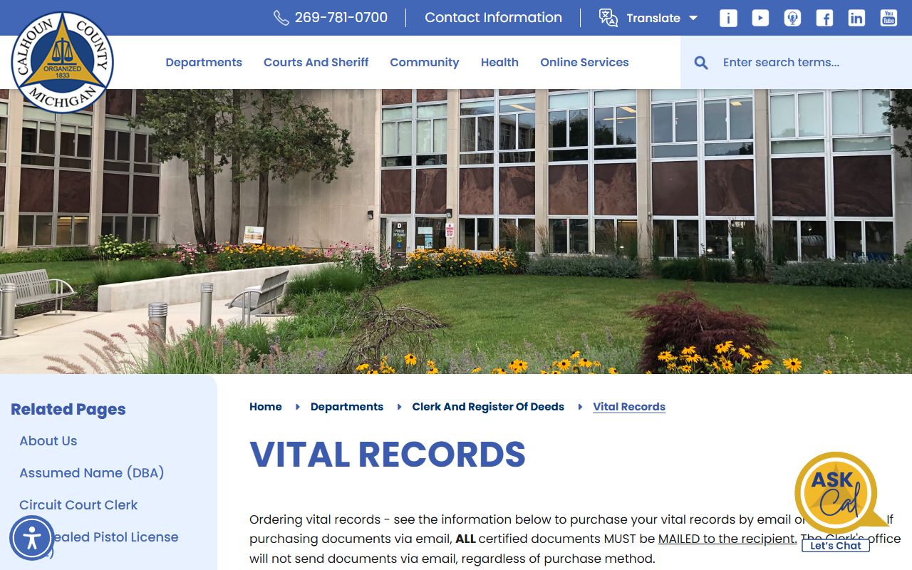 Calhoun County vital records request instructions for marriage and divorce copies