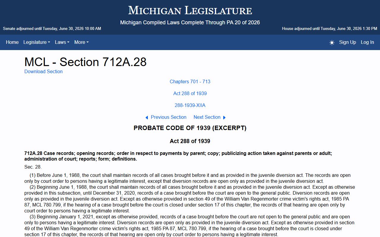 Calhoun County probate and juvenile records confidentiality statute MCL 712A.28