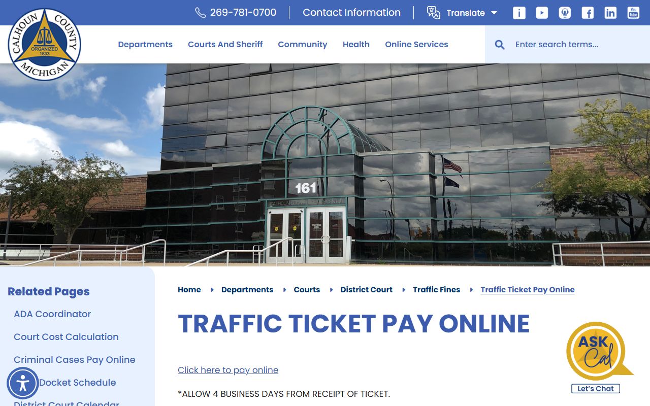 Calhoun County online traffic ticket payment workflow for a citation