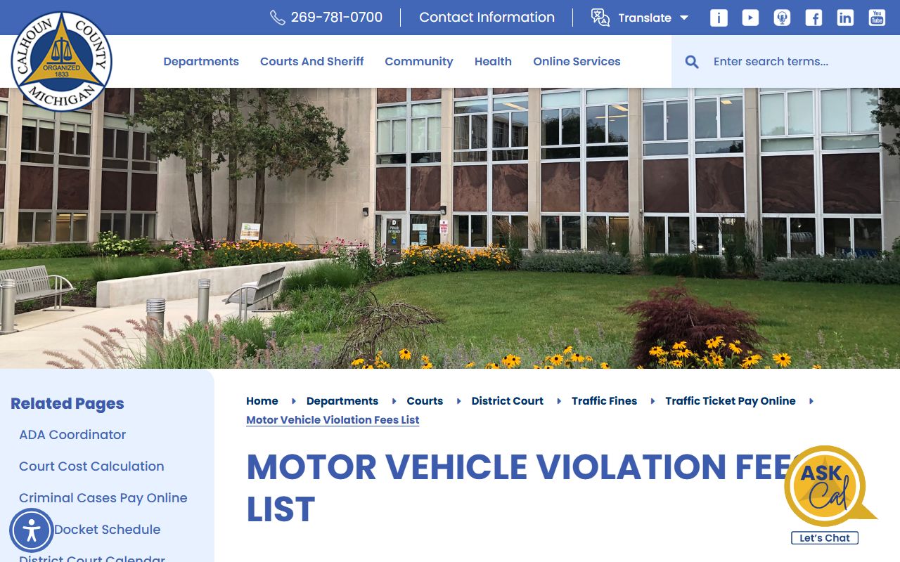 Calhoun County motor-vehicle violation fee list for traffic citation amounts