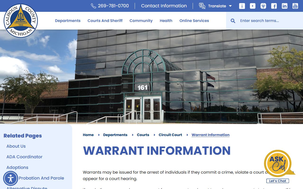 Calhoun County warrant turn-in contact information
